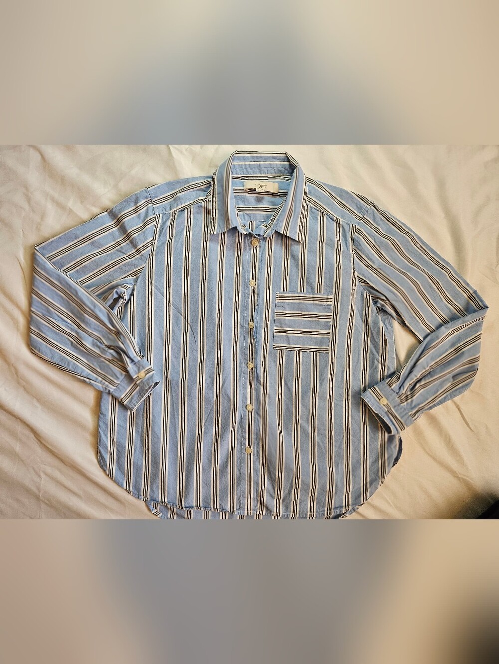 Loft Womens Blue & White/Black Striped Long Sleeve Button Up Shirt Size Small
